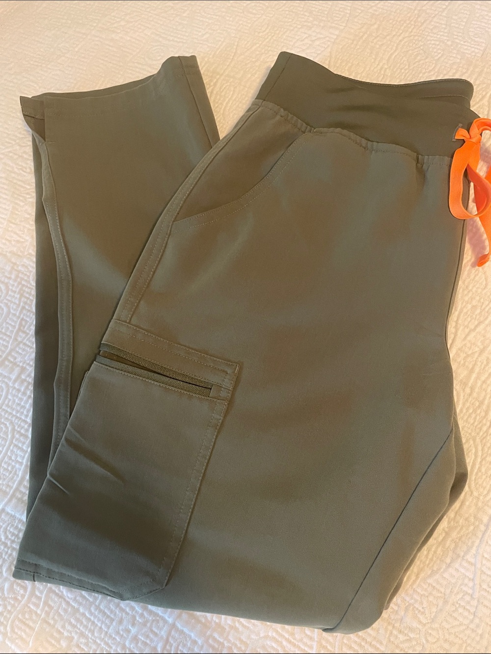 Figs Moss green Cargo Scrub pants with Bright Orange Drawcord